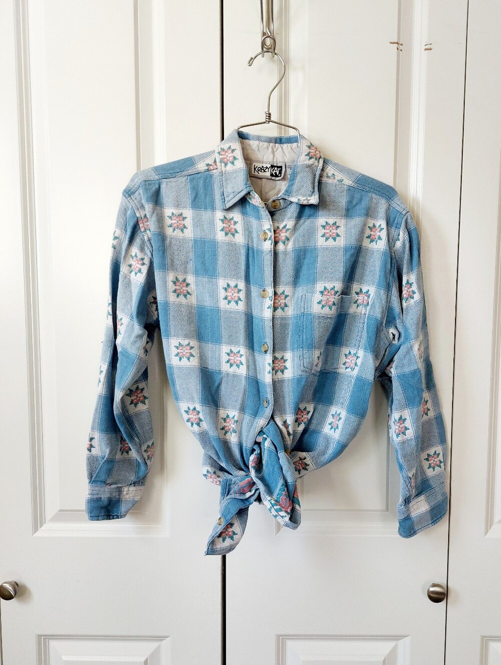 Blue Gingham & Quilt Star Cottagecore Blouse Medium Krazy Kat Farmhouse 90s Gran